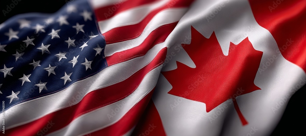 Flags Waving Together Representing the Strong Alliance and Partnership Between the U.S. and Canada