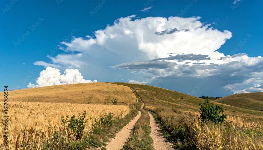 Fototapeta premium Rural path through golden fields, dramatic sky