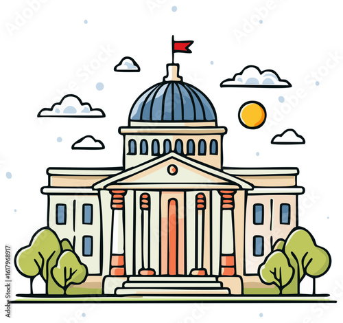 Cartoon Government Building with Dome, Flag and Columns against Cloudy Sky