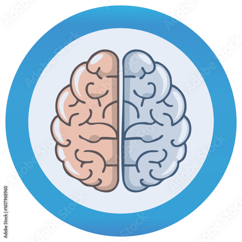 Brain illustration inside a circle, concept of logic and creativity