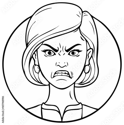 Black and white line art of a furious woman's face with an enraged expression