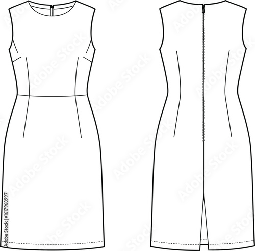 Elegant sleeveless sheath dress, CAD fashion illustration, sewing pattern, apparel design template, front and back view, vector drawing, flat