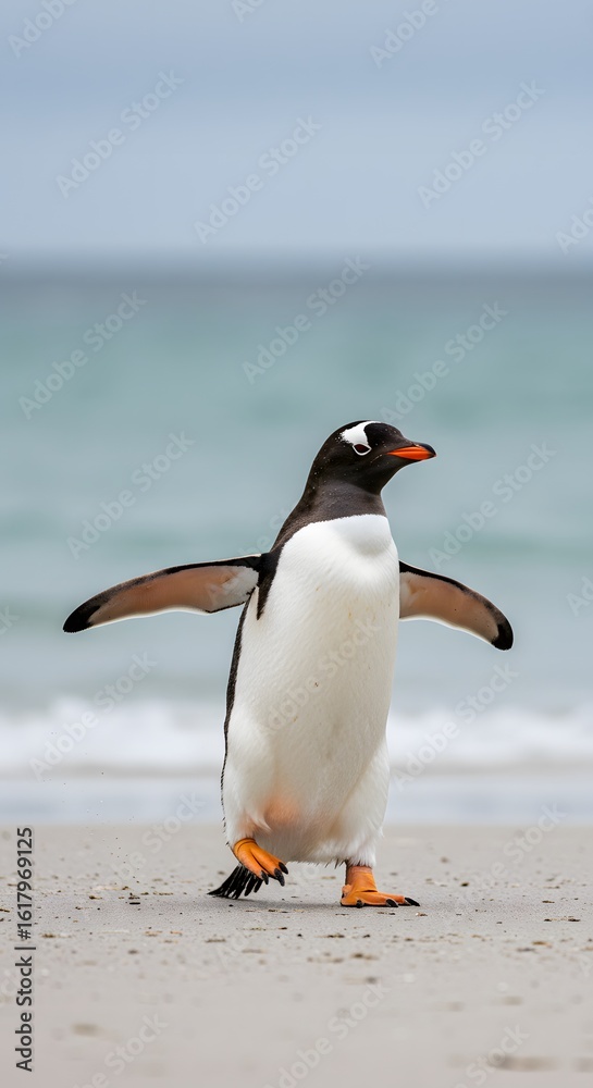 Naklejka premium King Penguin Aptenodytes patagonicus Chicks in Creche in the rain.a Gentoo penguin standing on a sandy beach, wings outstretched and one leg raised. penguin has a black head, white belly, 