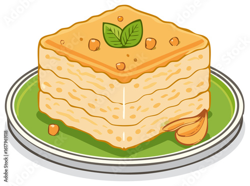 Delicious Layered Pastry Illustration with Nuts and Mint Served on Green Plate