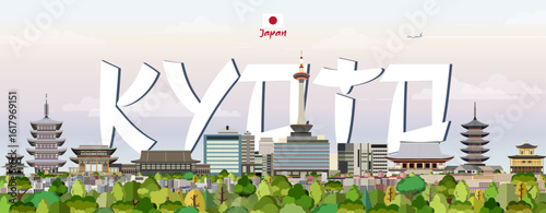 Kyoto cityscape colorful vector illustration with big city name on the background. Travel trendy poster
