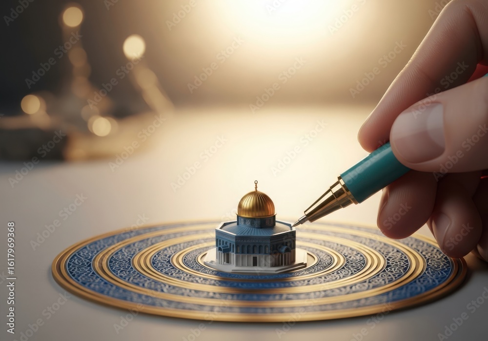 Obraz premium Close up of a hand holding a pen and touching a miniature building on an astronomical instrument