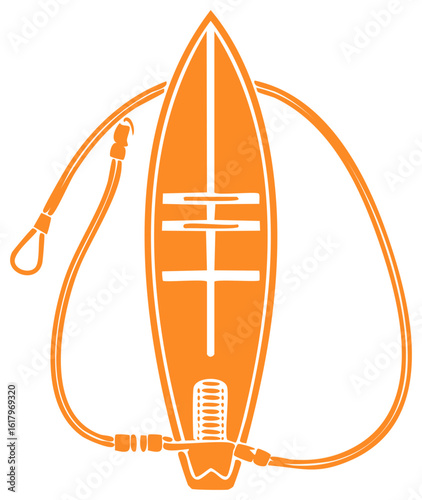 Mono color art illustration depicting a surf board with cord leash attached on it