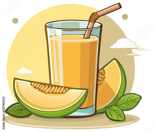 Refreshing melon smoothie drink with straw in glass and sliced fruit decoration, a summer juice illustration.