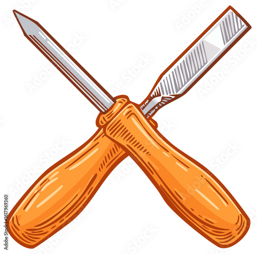 Cartoon illustration of crossed woodworking tools a chisel and a center punch for a craft or workshop emblem.
