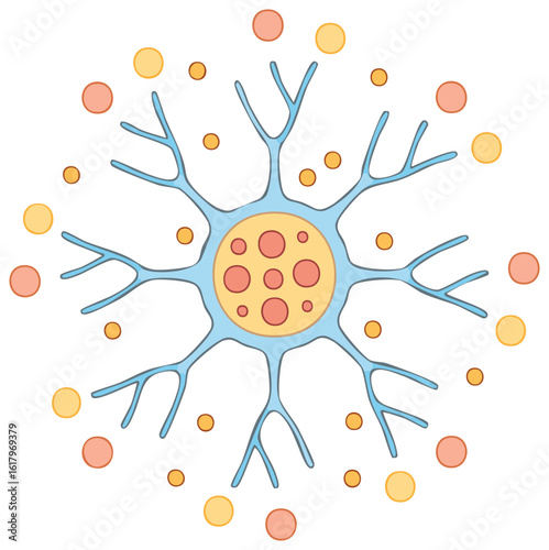 Stylized neuron nerve cell with dendrites and neurotransmitter signals vector illustration