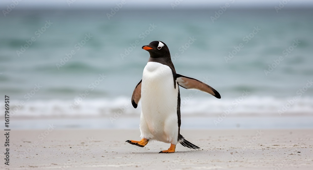 Naklejka premium King Penguin Aptenodytes patagonicus Chicks in Creche in the rain.a Gentoo penguin standing on a sandy beach, wings outstretched and one leg raised. penguin has a black head, white belly, 