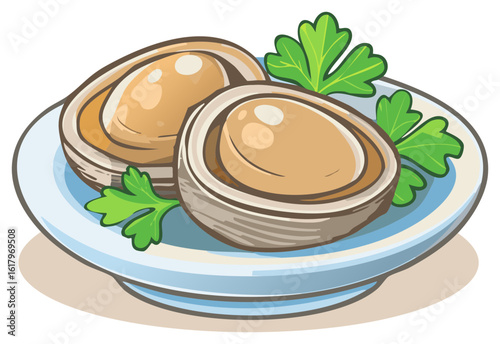 Two delicious abalone shellfish served on a plate with fresh green parsley illustration