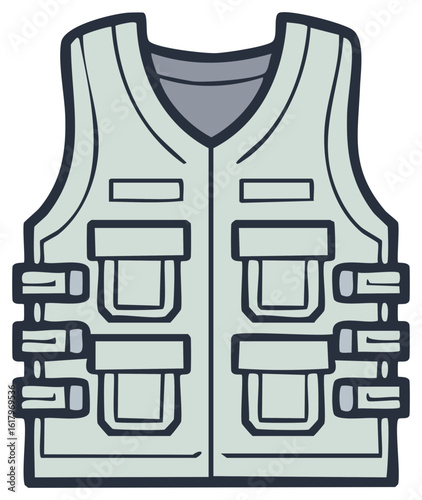 Cartoon Illustration of a Multi Pocket Utility Vest for Outdoor Activities