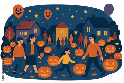 A spooky Halloween night scene features children trick-or-treating beneath a moon and star-filled sky with eerie decorations