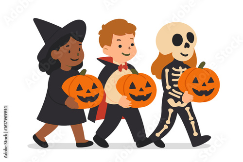 Three cheerful cartoon kids in cute Halloween outfits, including a witch, a superhero, and a pumpkin character, are happily trick-or-treating with jack-o'-lantern buckets