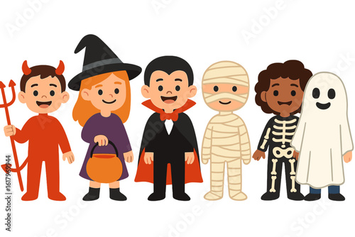 A Happy Halloween set featuring cute cartoon children dressed in various costumes including a devil, witch, ghost, pumpkin, and skeleton
