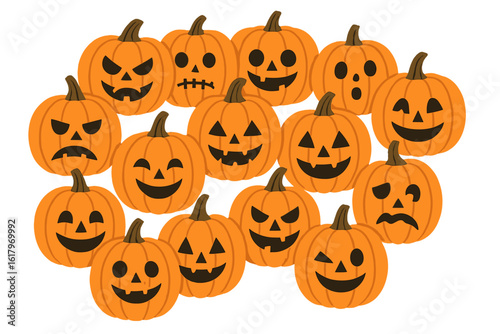 A set of Halloween pumpkins featuring orange pumpkins with happy and scary faces, presented as a vector illustration on a white background