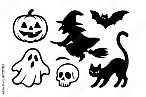 A fun vector set of Halloween icons featuring spooky pumpkins, bats, and ghosts is perfect for autumn holiday celebrations
