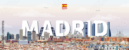 Madrid cityscape colorful vector illustration with big city name on the background. Travel trendy poster