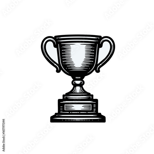 Detailed illustration of a silver trophy with handles, a pedestal, and a base, rendered in a vintage, engraved style.