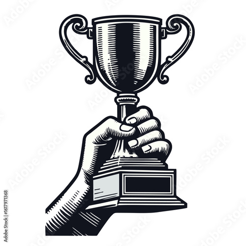 A hand firmly grips and raises a detailed, engraved trophy cup, symbolizing victory and achievement.