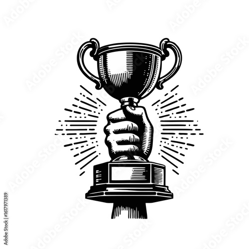 A hand firmly holds a shining trophy cup aloft, radiating success and achievement with a burst of light.