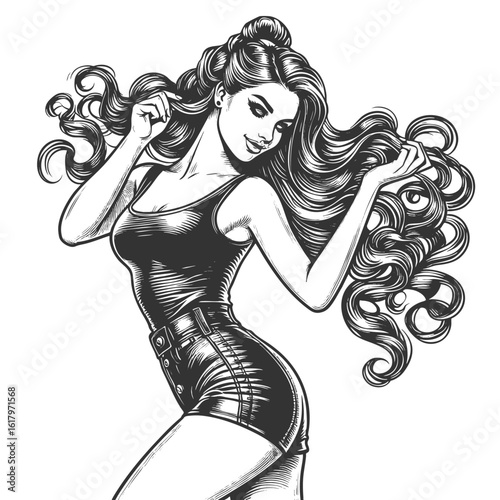 confident young woman with long wavy hair, stylish outfit, and bold pose sketch engraving generative ai fictional character vector illustration. Scratch board imitation. Black and white image.