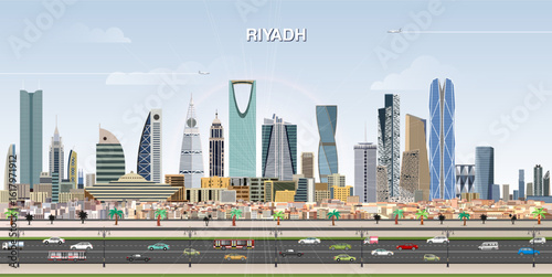 Riyadh city skyline on gradient beautiful day sky background. Vector illustration