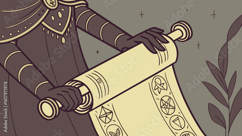 Figure in ornate robe unrolling a scroll with alchemical symbols and decorative borders in muted colors