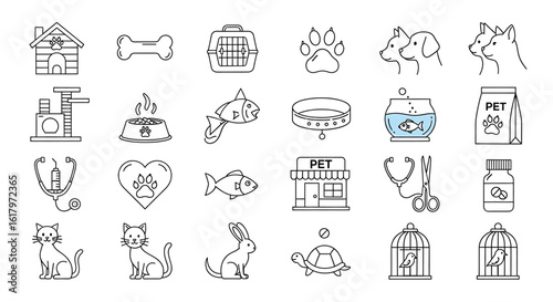 Pet care icons including animals and supplies dog house bone