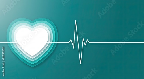 Layered heart shape with a white electrocardiogram line across a teal background