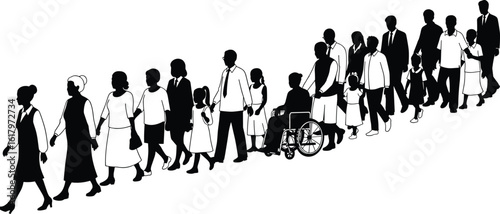 Diverse people walking, wheelchair inclusion, generational unity, community support, human connection, equality theme, solidarity illustration, accessible society, family bond, teamwork