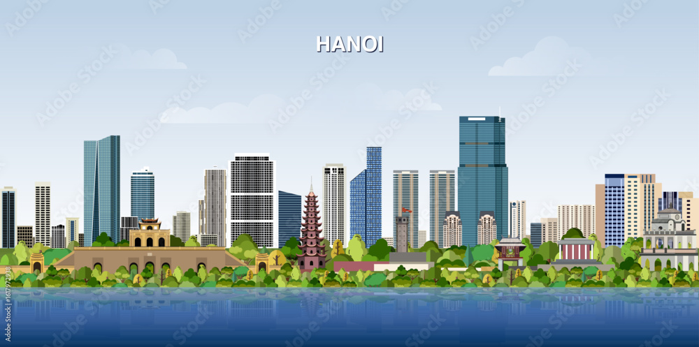 Fototapeta premium Hanoi city skyline on gradient beautiful day sky background. Vector illustration