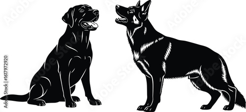 Dog silhouette illustration, Labrador and German Shepherd facing, pet companionship concept, black and white vector design, canine breeds graphic art