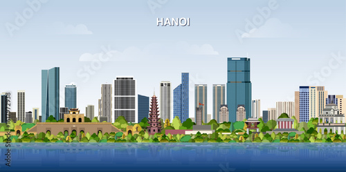 Hanoi city skyline on gradient beautiful day sky background. Vector illustration