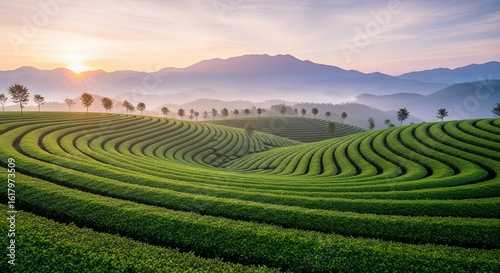 Stunning sunrise bathes rolling green tea fields and distant mountains in golden light