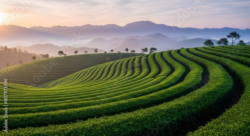 Lush green tea plantation terraces bathed in soft morning light with misty mountains beyond