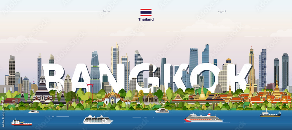 Fototapeta premium Bangkok cityscape colorful vector illustration with big city name on the background. Travel trendy poster