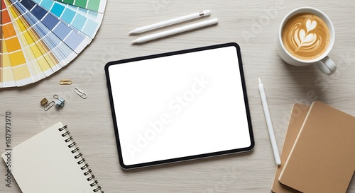 Overhead view of a workspace featuring a tablet, coffee, and design tools.