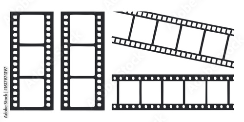 "Trendy Film Strip Frame Templates Set - Vintage Cinema Reel with Grunge Texture on Transparent Background - Vector Illustration"