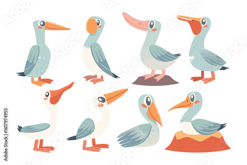 Playful Pelican Illustrations: A collection of charming illustrations showcasing the unique features and whimsical expressions of various pelicans. Evoking joy and lightheartedness.