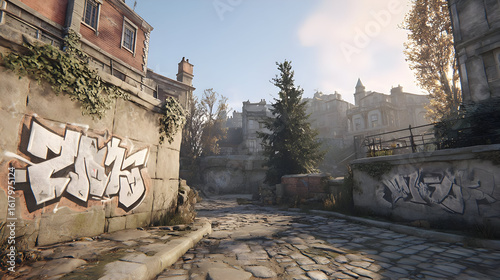 with walls covered in animated graffiti made by sentient AI artists.