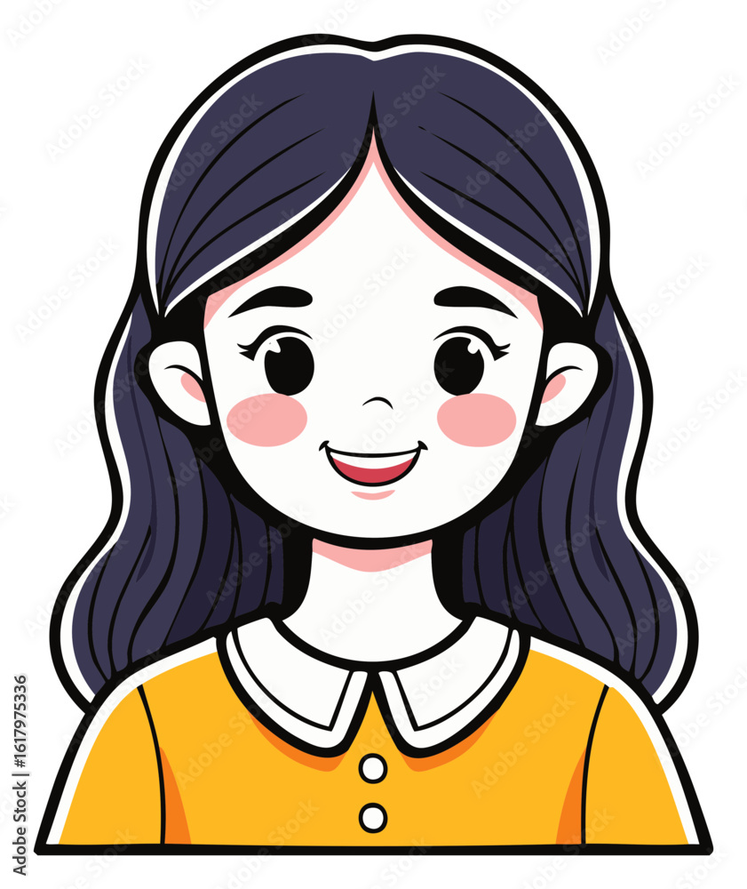 Cartoon of a cute, smiling girl with dark hair wearing yellow shirt, portrait stylized illustration. Cartoon of a cute, smiling girl with dark hair wearing yellow shirt, portrait stylized illustration.