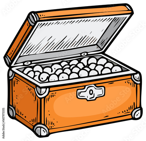 Open orange trunk filled with round white objects illustration, sketch style
