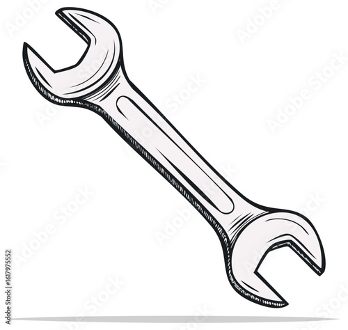 Single open-end wrench with sketched lines and shading, representing mechanical tool