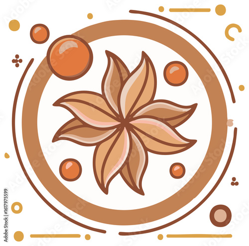 A stylized star anise illustration with warm brown and orange tones in a decorative circular frame