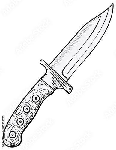 Hand drawn illustration of a hunting knife with a wooden handle and sharp blade