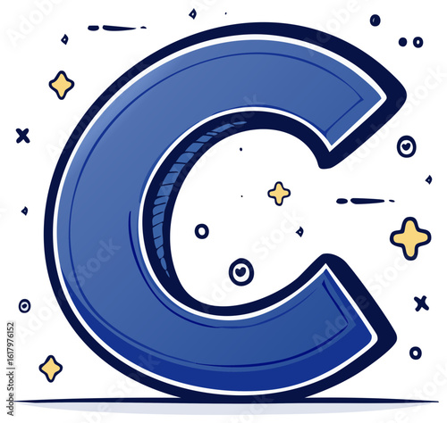 Bold Blue Letter C in a Hand Drawn Cartoon Style with Stars and Doodles