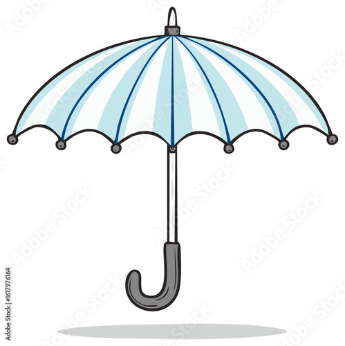 Open umbrella illustration with blue and white stripes and a black handle for protection from rain and sun