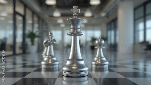 Large, polished chess pieces (king, queen, rook) on a minimalist board against a blurred modern office background, strategy metaphor, photorealistic, 4k.